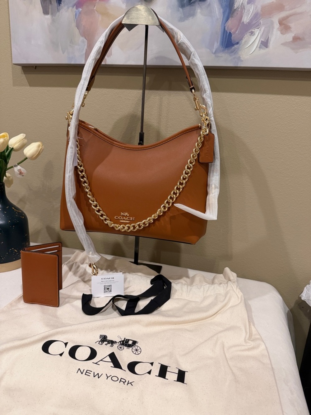 Coach set. Shoulder Bag in Saddle Brown w/ added Coach Gold Chain & card wallet